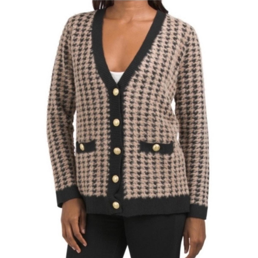 Tahari Black and Tan Houndstooth Cardigan Sweater Size XL